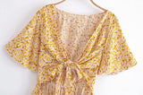 Boho Mini Dress – “Wildflower Waltz” Floral & Leopard Bow-Front Cutout Dress