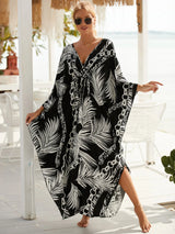 Boho Maxi Dress - Beach Dress, Kaftan Dress Vintage Embroidered in Danica Black Leaf