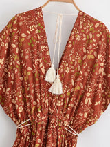 Bohemian Maxi Gown – “Amber Garden” Brown Floral Batwing Sleeve Tassel Dress