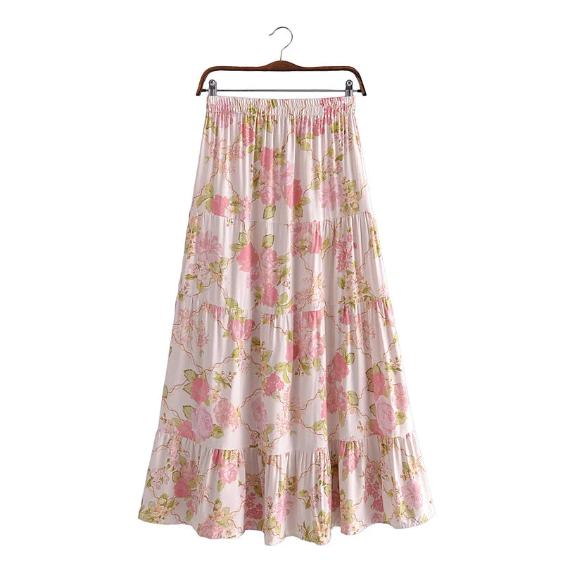 Boho Two Piece Set - Crop Top Blouse and Maxi Skirt - Pink Rosy Aria