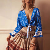 Boho Blouse – ““Seaside Song” Floral Long Sleeve Tie Front Tope