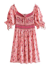 Boho Mini Dress – “Meadow Serenade” Floral Short Sleeve Summer Sundress