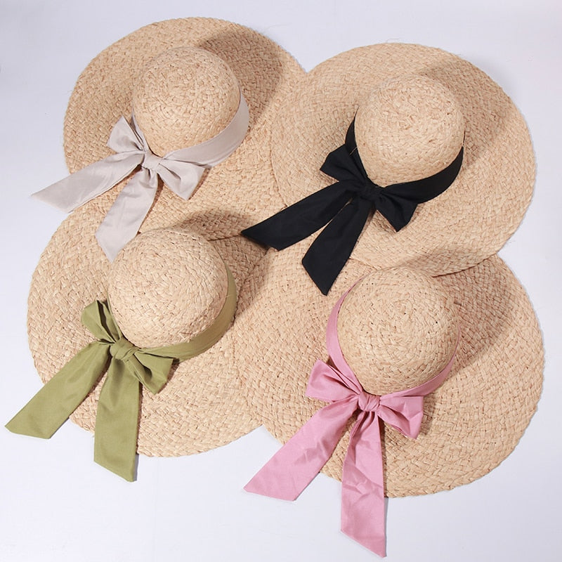 Straw Beach Hats for Women - Summer Sun Hats with Strap - Boho Hat, Paper Straw Fedora Hat Bow