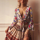 Boho Blouse – ““Seaside Song” Floral Long Sleeve Tie Front Tope