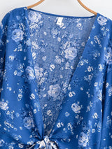 Boho Blouse – ““Seaside Song” Floral Long Sleeve Tie Front Tope