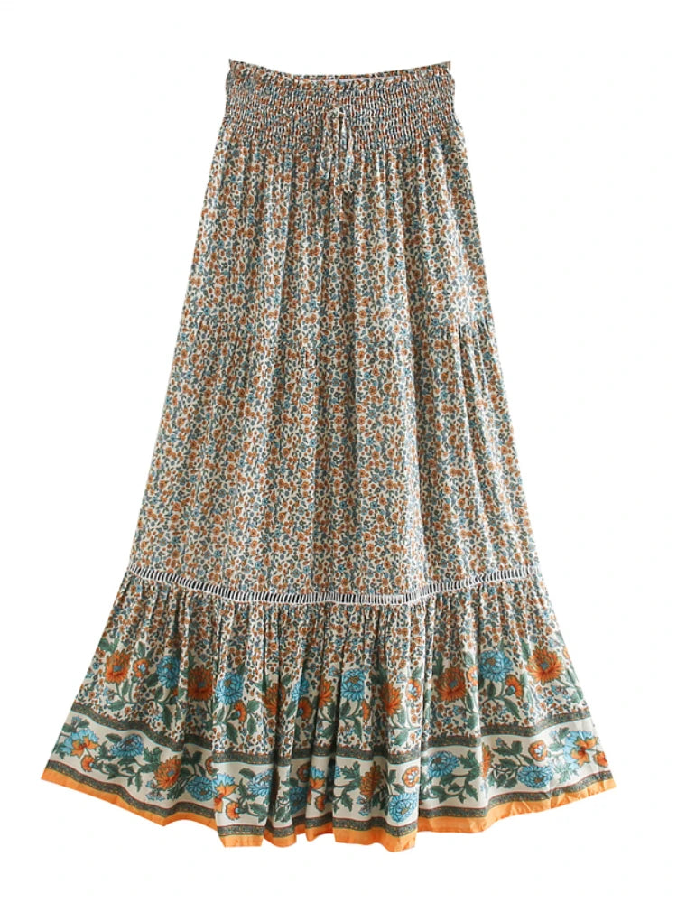 Boho Maxi Skirt – “Olive Meadow” Hippie Style Skirt in Beige & Red for Women, Summer, and Festivals