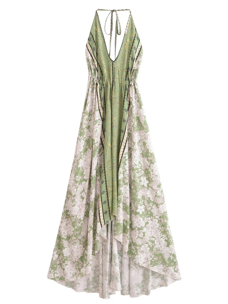 Bohemian Summer Maxi Dress – Ayla Backless Flowy Halter Dress in White, Green, Purple Purple red / L