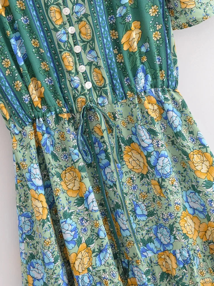 Boho Chic Maxi Dress – Green Floral Print Summer Sundress Elowen