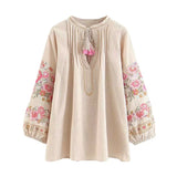 Boho Blouse – “Petal Muse” Embroidered Floral Sleeve Top in Ivory & Pink