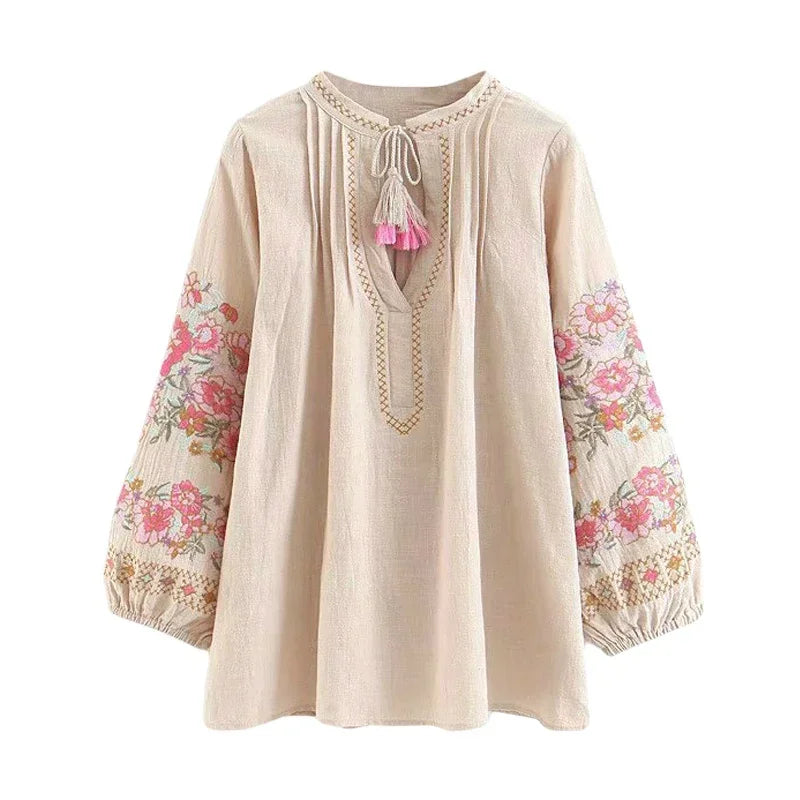 Boho Blouse – “Petal Muse” Embroidered Floral Sleeve Top in Ivory & Pink