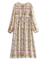 Bohemian Maxi Dress – “Buttercup Reverie” Pastel Floral Long Sleeve Boho Maxi Dress