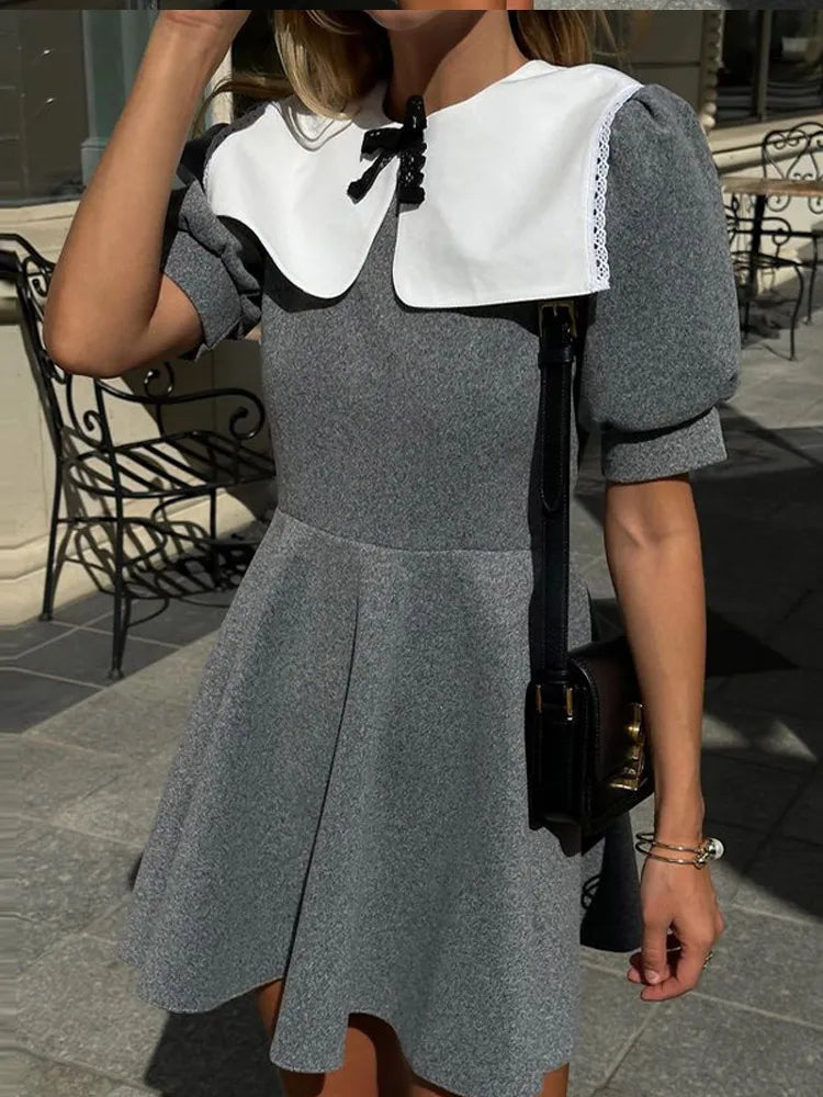 Vintage Mini Dress - Doll Collar, Long Sleeve, Summer Party Club Dress Ariyah in Black and Grey