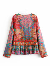 Boho Blouse – “Festival Fire” V-Neck Tribal Print Top in Red