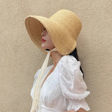 Boho Sun Beach Hat - Retro Handwoven Raffia Wide Brim Hat