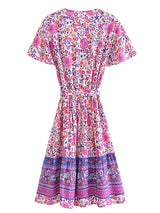 Boho Mini Dress – “Rosewood Mosaic” Pink Floral Short Sleeve Wrap Dress