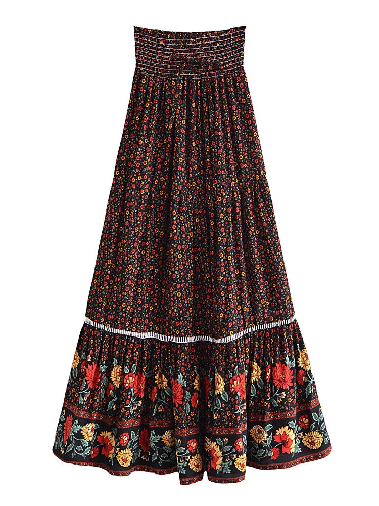 Boho Maxi Skirt – “Olive Meadow” Hippie Style Skirt in Beige & Red for Women, Summer, and Festivals