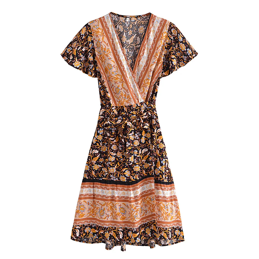 boho wrap dress short SOOMLON A Line Dress for Women Plus Size Plaid Wrap Dress Short Sleeve V  Neck Mini Dress Boho Vacation Beach Clothes