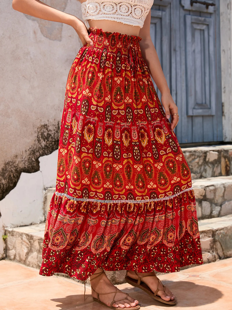 Boho Maxi Skirt - Hippie Style in  Red Peacock