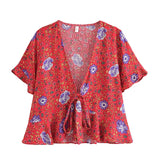 Boho Tops for Women - Bohemian Blouse - Navy, Blue and Red Floral Tie-Front Blouse