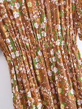 Bohemian Maxi Dress – “Amber Wildflower” Brown Floral Button-Front Tassel-Tie Boho Dress