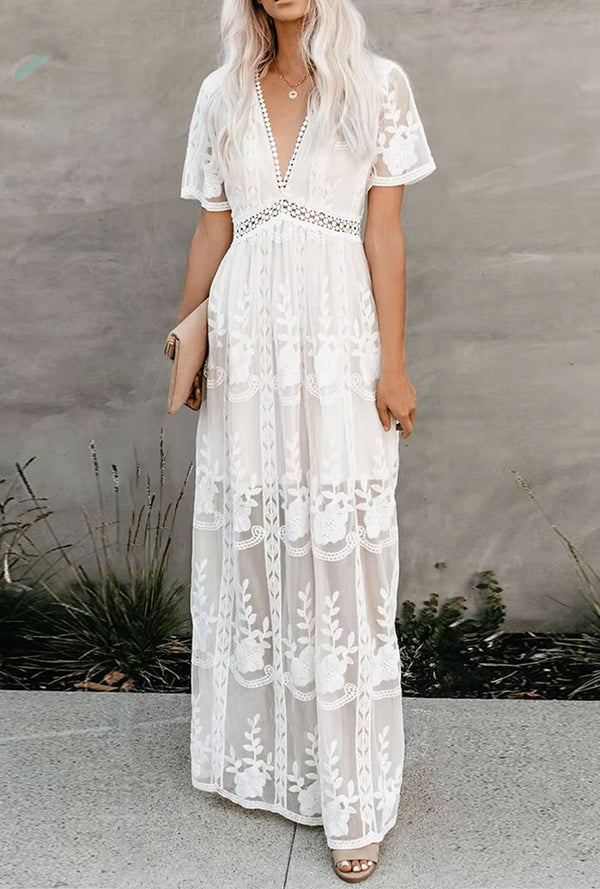 Boho White Dress – Maxi Dress - Boho Dress - “Moonflower” Lace Embroidered Gown