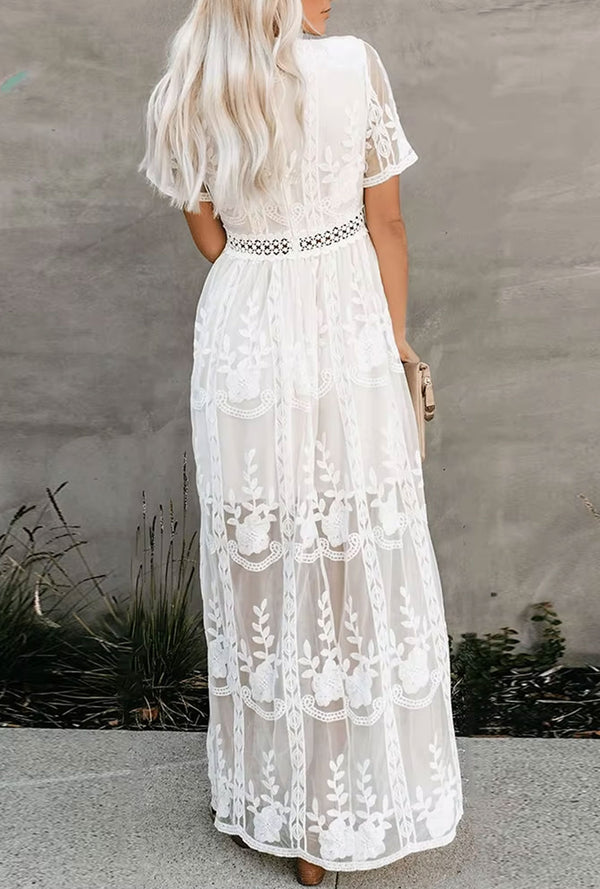 Boho White Dress – Maxi Dress - Boho Dress - “Moonflower” Lace Embroidered Gown