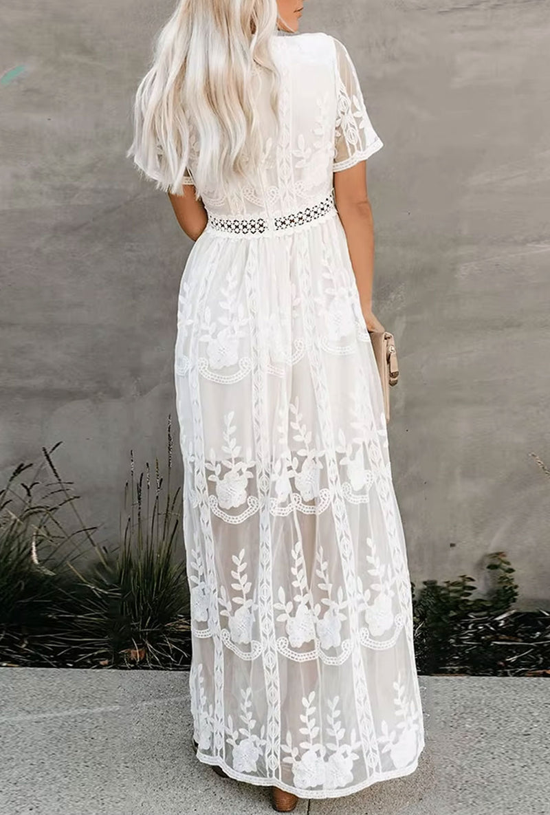 Boho White Dress – Maxi Dress - Boho Dress - “Moonflower” Lace Embroidered Gown