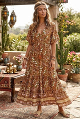 Bohemian Maxi Dress – “Amber Wildflower” Brown Floral Button-Front Tassel-Tie Boho Dress