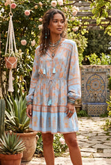 Apricot Sky light blue floral mini dress with long sleeves, front view