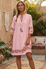 Boho Mini Dress – “Blush Botanica” Pink Floral Embroidered Tassel-Tie Dress