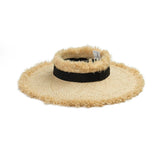 Boho Sun Beach Hat - Frayed Raffia Wide Brim Open Top Beach Hat cover image