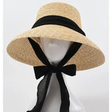 Boho Sun Beach Hat - French Style Lace-Up Wide Brim Straw Hat with Black Ribbon