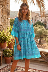 Boho Mini Dress – “Turquoise Reverie” Paisley Batwing Sleeve Loose Dress