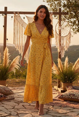 Honey Solstice yellow sunflower print V-neck tie-waist bohemian maxi dress