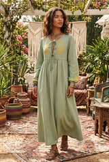 Bohemian Maxi Dress – “Botanical Muse” Butterfly Embroidered Long Sleeve Tie-Neck Dress
