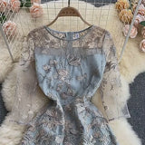 Vintage Boho Midi Dress - Blue Amelia | Embroidered Lace Bohemian Style Dress