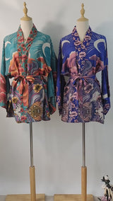 Boho Robe – “Oceane Moonlight” Lightweight Green & Pink Short Kimono Cover-Up for Lounge & Beach