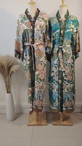 Boho Kimono Robe – “Flamingo in Green” Beach Cover-Up for Women