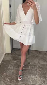 Boho Mini Dress – Boho White Dres –“Whisper Light” Batwing Sleeve Mini Sundress with Buttons