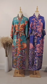 Boho Robe – “Oceane Moonlight” Bohemian Kimono Cover-Up in Green Floral for Women