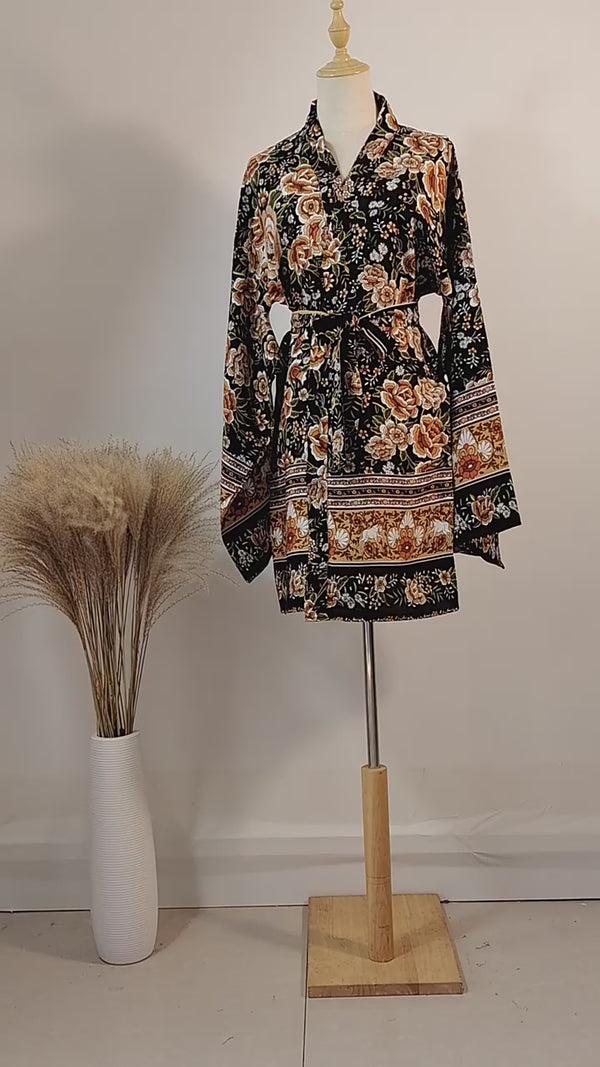 Kimono Robe – “Esme Rosa” Black Midnight Boho Short Cover-Up for Women