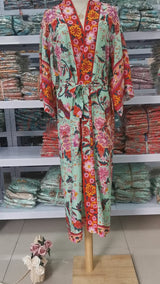 Bohemian Kimono Robe – “Peony” Green & Beige Floral Beach Cover-Up for Women