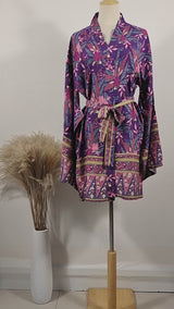 Boho Kimono Robe – “Forest in Purple” Floral Beach Short Cover-Up for Women