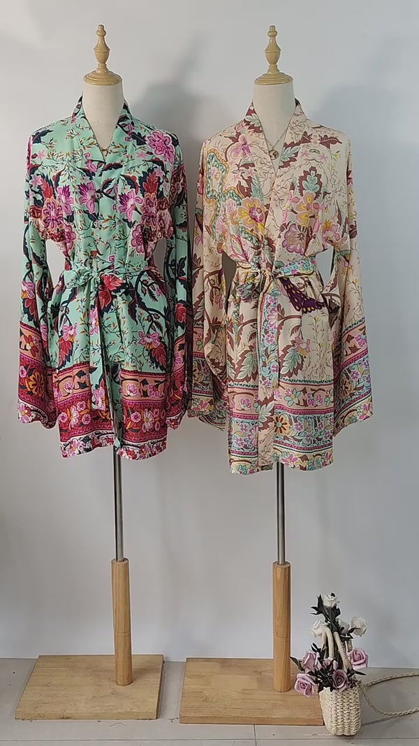Boho Short Robe – “Sweet Vintage” Pink Floral Kimono Beach Cover-Up for Women