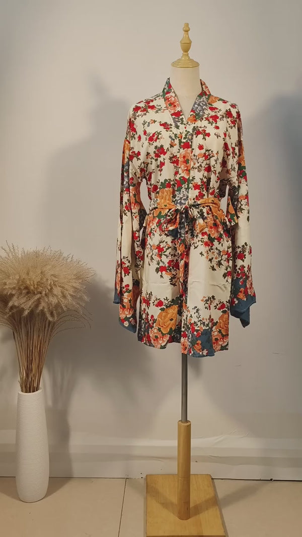 Boho Robe, Kimono Robe,  Beach Cover up, Short Robe, Shelta White Floral