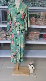 Boho Kimono Robe – “Lily Lotus” Green Floral Wrap Cover-Up for Women