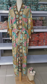 Boho Robe, Kimono Robe, Beach Cover up, Peacock in Gold Green