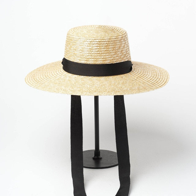Boho Hat - Summer Sun, Beach, Wide Brim Straw Hat with Minnie Black Ribbon