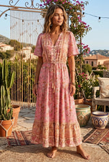 Pink floral tie-neck maxi dress, Rosewater Bloom