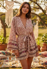 Pink floral short kimono robe with batwing sleeves, tie waist and patterned border